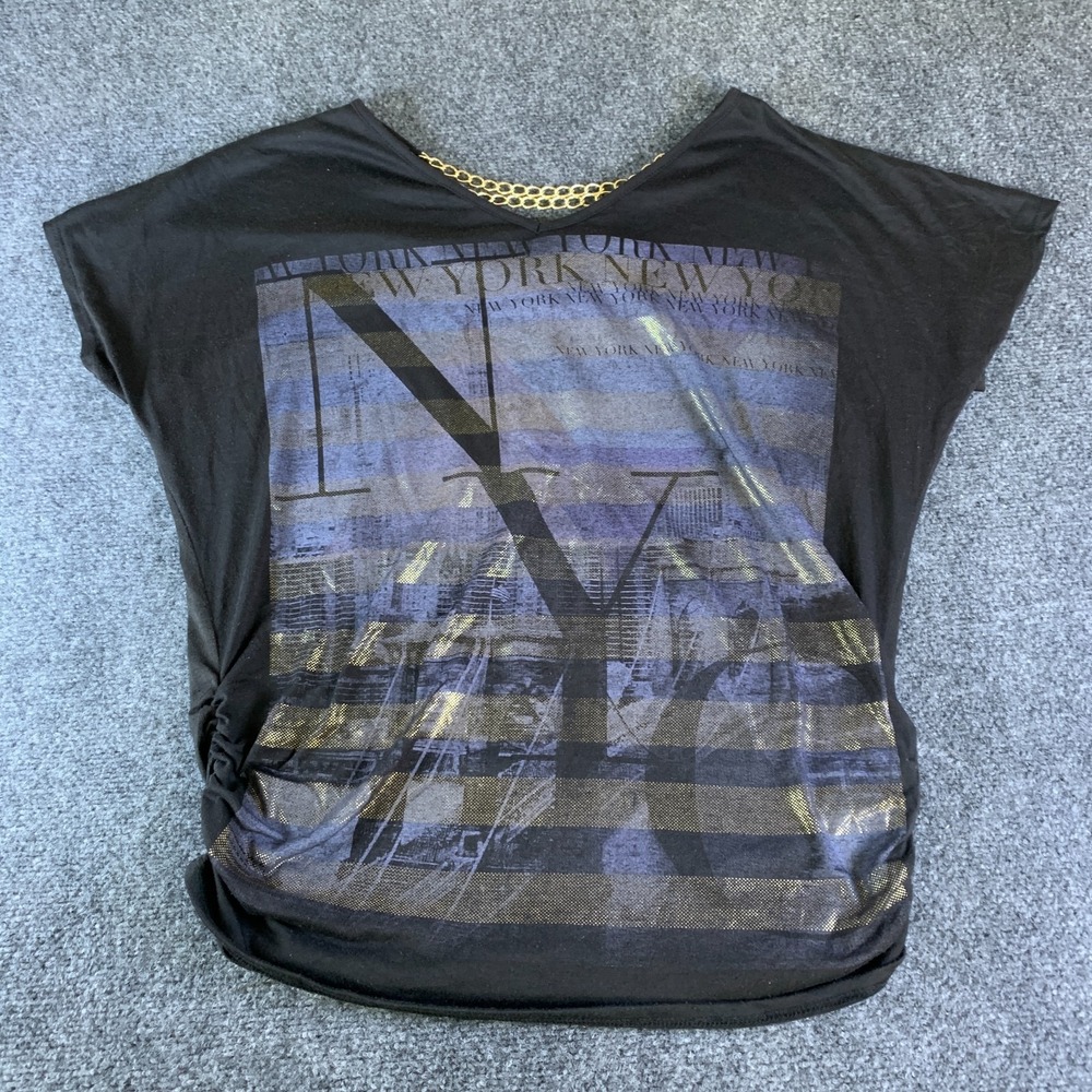 Plus T-Shirt Women 1XL Black NY New York Graphic Chain Back V-Neck Ruched Summer